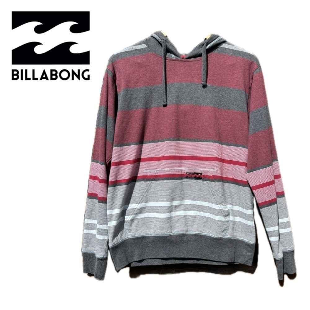Billabong Red Gray Strip Tshirt Hoodie Long Sleeve Cotton Blend Mens Small Y2k
